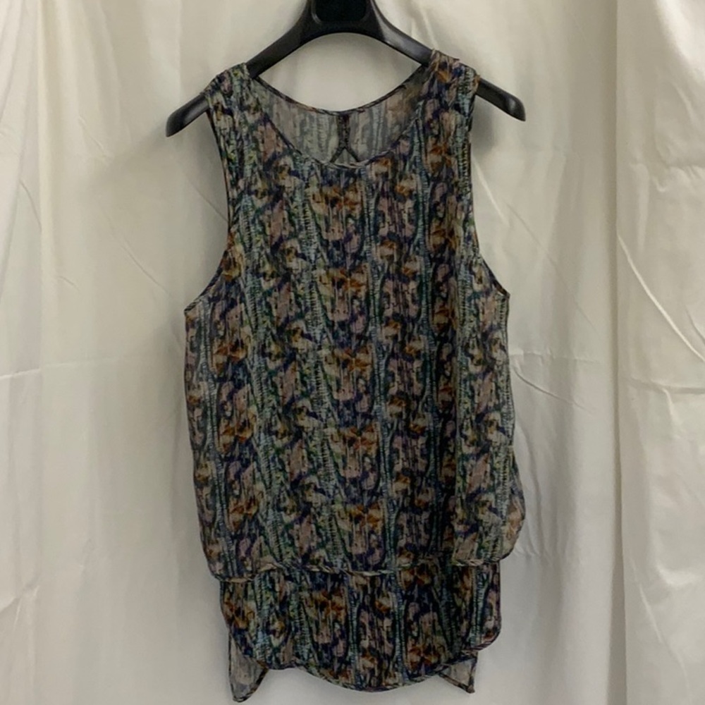 Flowing Tank-style Tunic of Muted Multi-colored Fabric with Silk Overlay  Size M